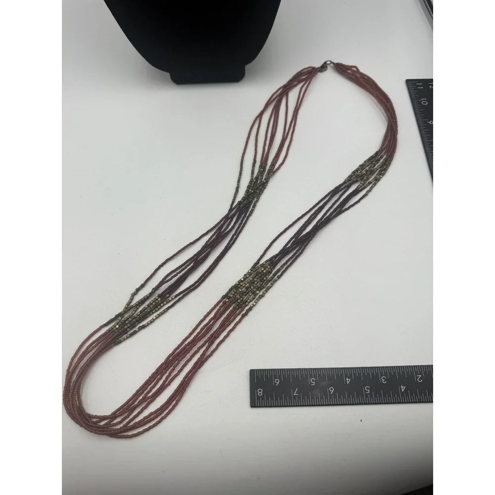 Boho Multi Strand Seed Bead Necklace Ombre Burgundy Terracotta Brass Cube Beads